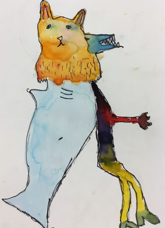 This image shows a hybrid creature created with watercolor paint and permanent marker on a white background. This creature appears to be a combination of five different animals.
